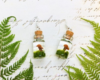Mushroom Earrings, Jar Earrings, Resin Moss Terrarium Earrings, fairycore earrings whimsigoth jewelry witchy gifts, dark academia goblincore