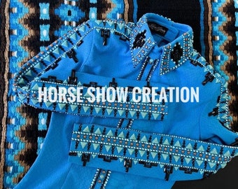 Blauw western Pleasure Showshirt, bijpassend dekje, horsemanshipvest