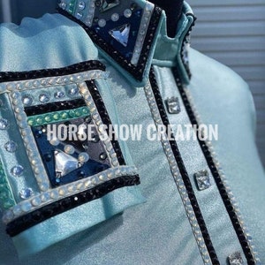 Blaues Westernvergnügens-Pferdeshow-Shirt, Horsemanship, Showmanship, Frauen-Rail-Show-Shirt, Western-Show-Shirt, ganztägiges Show-Shirt verfügbar