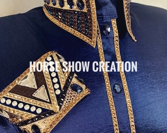 Blauw en goud western wedstrijdshirt, horsemanship-hesje dames