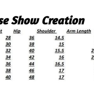 May include: A size chart for clothing with measurements in inches for bust, waist, hip, shoulder, arm length, and length. Sizes include XS, S, M, L, XL, XXL, XXXL, and XXXXL.