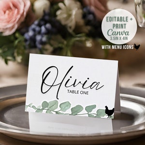 Cartes de place de mariage avec choix de repas Cartes de place de mariage de verdure Cartes de place Cartes de place d'invité de mariage Modèle de cartes de place de mariage Canva