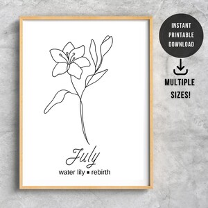 Könnte beinhalten: Ein druckbarer Kunstdruck mit einer Schwarzweiß-Linienzeichnung einer Wasserlilie mit dem Wort "Juli" und dem Text "Wasserlilie - Wiedergeburt" unter der Blume.