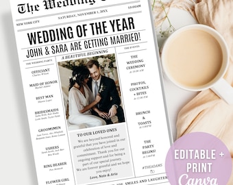Mall för tidningsprogram för bröllop Mall för bröllopstidning Redigerbar mall för bröllopsprogram Ladda ner mall för bröllopstidning Canva