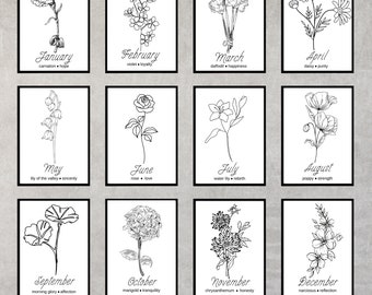 Puede incluir: Un conjunto de 12 ilustraciones imprimibles en blanco y negro de flores que representan cada mes del año. Cada ilustración incluye el nombre del mes, el nombre de la flor y su significado. El texto "BIRTH MONTH FLOWER BUNDLE | 5 RATIO SIZES" está en la parte inferior de la imagen.