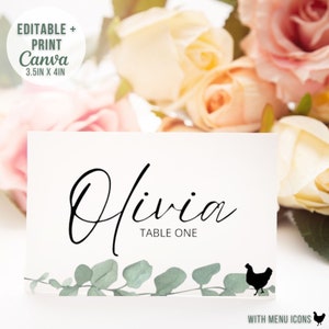 Wedding Place Cards With Meal Choice Greenery Wedding Place Cards Place Cards Wedding Guest Place Cards Wedding Place Cards Template Canva