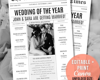 Könnte beinhalten: Eine schwarz-weiße Hochzeitsanzeige im Zeitungs-Stil für John und Sara. Die Anzeige enthält ein Foto des Paares, eine Liste der Hochzeitsveranstaltungen und eine Botschaft an ihre Lieben. Der Text lautet "Hochzeit des Jahres, John & Sara heiraten! Ein wunderschöner Anfang, An unsere Lieben, Liebe, Nate & Aria, Feiert mit uns die Liebe, Freude, das Lächeln und das Lachen!"