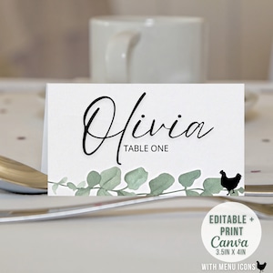 Wedding Place Cards With Meal Choice Greenery Wedding Place Cards Place Cards Wedding Guest Place Cards Wedding Place Cards Template Canva