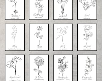 Puede incluir: Un conjunto imprimible de 12 dibujos en blanco y negro de flores que representan cada mes del año. Cada flor está etiquetada con su nombre, mes y significado simbólico. El texto "BIRTH MONTH FLOWER BUNDLE | 5 RATIO SIZES" está en la parte inferior de la imagen.