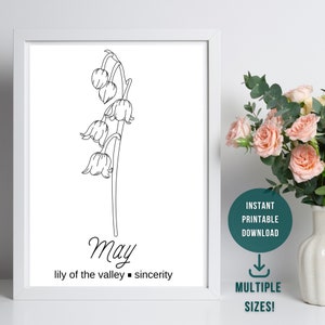 Könnte beinhalten: Eine druckbare Schwarzweiß-Zeichnung einer Maiglöckchen-Blume mit dem Wort "Mai" und dem Text "Maiglöckchen - Aufrichtigkeit" unter der Blume.