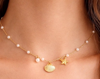 Gold Seashell Starfish Necklace with Pearls | 18K Plated Stainless Steel Beach Charm