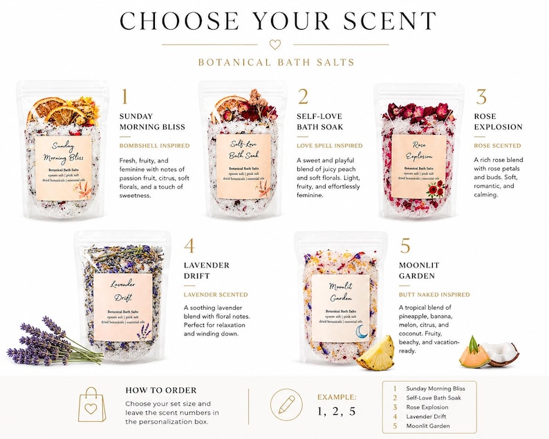 Sales de baño naturales, sales de baño con aceites esenciales de rosa y lavanda, set de baño botánico para spa. imagen 4