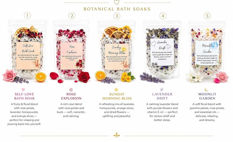 Puede incluir: Cinco bolsas transparentes de sales de ba&ntilde;o bot&aacute;nicas etiquetadas como Self-Love, Rose Explosion, Sunday Morning Bliss, Lavender Drift y Moonlit Garden. Cada bolsa contiene sales de ba&ntilde;o blancas mezcladas con flores secas y c&iacute;tricos.