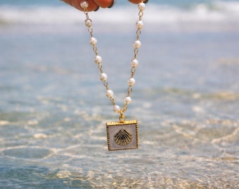 Gold Pearl Layered Necklace Set, Beach Ocean Charm Jewelry, Summer Coastal Style