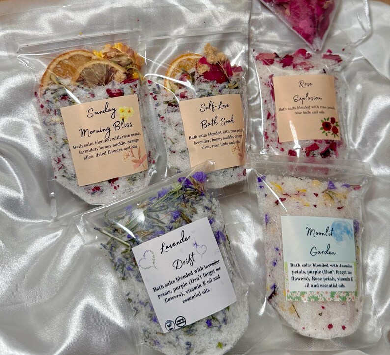 Sales de baño naturales, sales de baño con aceites esenciales de rosa y lavanda, set de baño botánico para spa. imagen 9