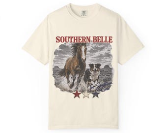 Southern Belle häst och hund grafisk t-shirt, vintage ridkläder