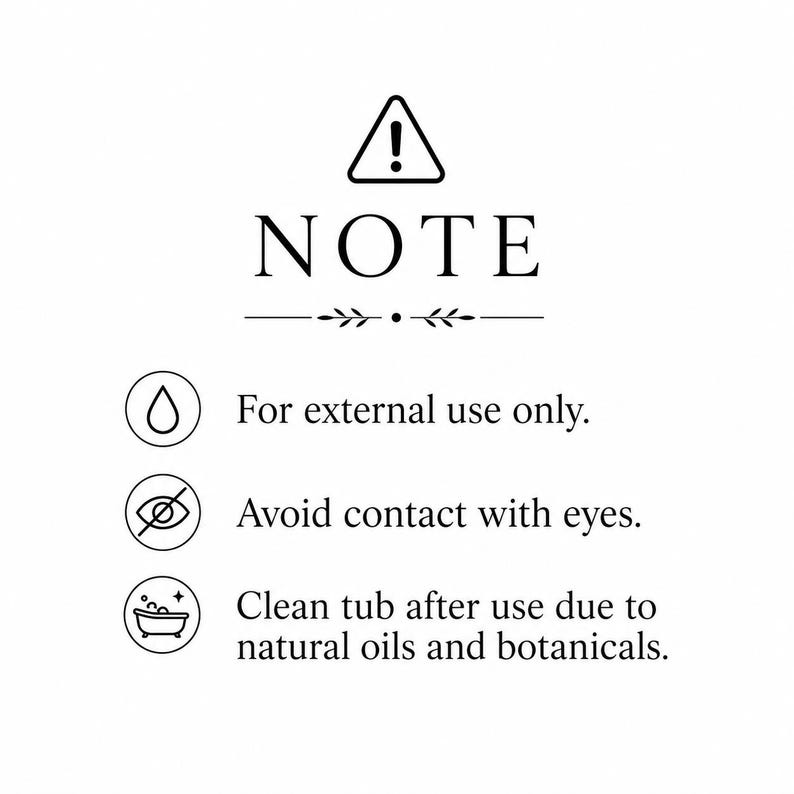 Puede incluir: Un gr&aacute;fico informativo en blanco y negro con un tri&aacute;ngulo de advertencia sobre la palabra NOTE. Siguen tres iconos circulares: una gota de agua para uso externo, un ojo tachado para evitar el contacto y una ba&ntilde;era para limpiar tras su uso.