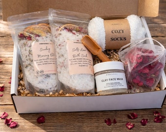 Self-Care Gift Box, Bath Soak, Clay Mask, Cozy Socks, Relaxation Spa Set