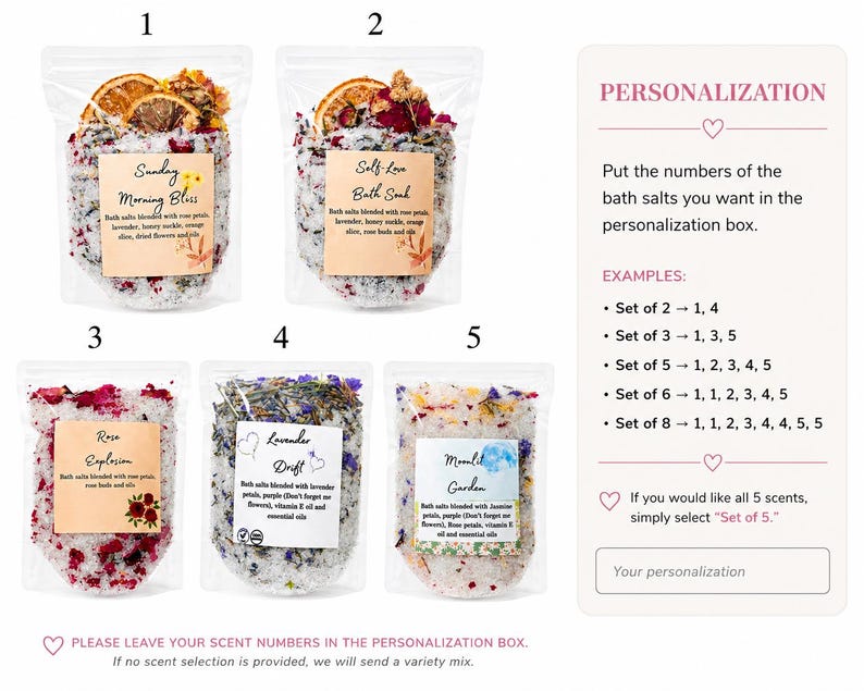 Puede incluir: Cinco bolsas transparentes de sales de ba&ntilde;o numeradas del 1 al 5, que contienen mezclas bot&aacute;nicas &uacute;nicas con rodajas de naranja seca, p&eacute;talos de rosa y lavanda. Un cuadro de texto a la derecha ofrece instrucciones para la personalizaci&oacute;n y selecci&oacute;n.