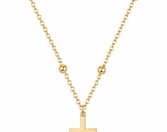 14K Gold Plated Cross Necklace | Dainty Beaded Chain | Christian Jewelry Pendant