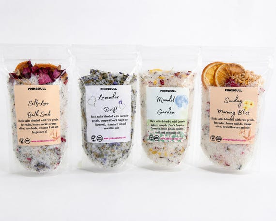 Natural Bath Salts, Rose Lavender Essential Oils Soak, Botanical Spa Bath Set