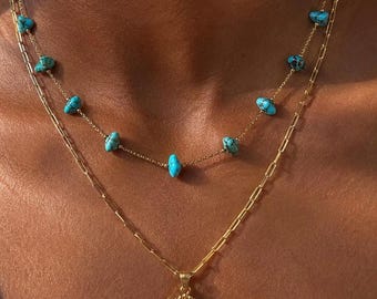Layered Turquoise Initial Necklace | 14K Gold Plated Western Style Jewelry