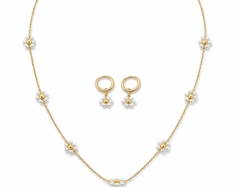 Gold Pearl Flower Necklace & Earring Set | Dainty Floral Jewelry Set | Waterproof Tarnish Resistant |  Everyday Jewelry
