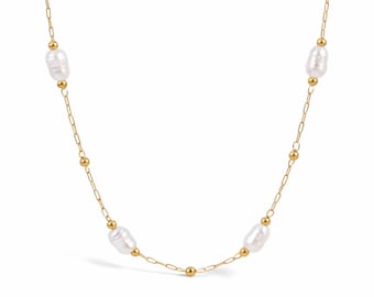 Dainty Gold Pearl Bead Necklace, Minimalist Layering Jewelry, Waterproof Tarnish Resistant