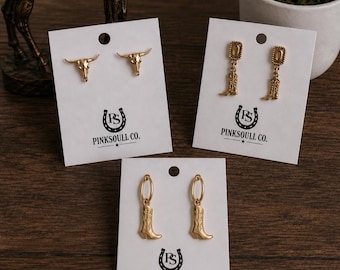 Western Longhorn Skull & Cowboy Boot Earrings, Gold Cowgirl Jewelry