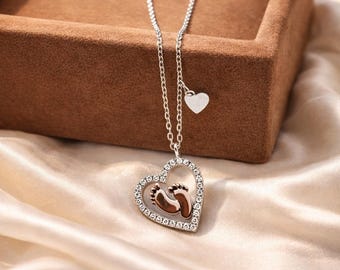 Silver Heart Baby Feet Necklace, Mother's Jewelry, New Mom Gift