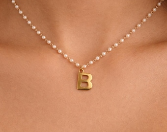 Initial Pearl Necklace | Custom Letter Necklace A–Z | Gold Charm Pearl Chain | Personalized Gift for Her | Minimalist Jewelry