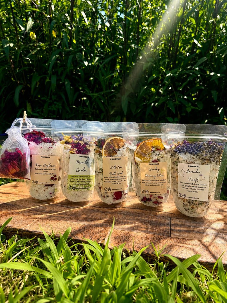 Sales de baño naturales, sales de baño con aceites esenciales de rosa y lavanda, set de baño botánico para spa. imagen 10