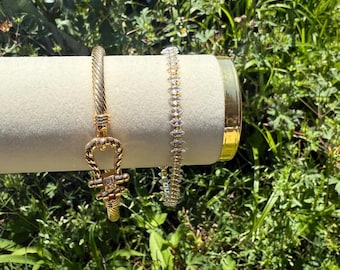 Gold Cable Bangle, Crystal Tennis Bracelet Set, Waterproof No Tarnish Jewelry