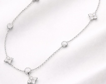 925 Sterling Silver Dainty Flower Necklace, Minimalist CZ Charm Layering Jewelry