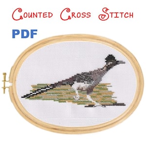 May include: A counted cross stitch pattern featuring a roadrunner bird, stitched on white fabric and framed in a wooden embroidery hoop. The text "Counted Cross Stitch PDF" is written in red and blue.