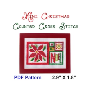 May include: A red framed counted cross stitch pattern featuring a poinsettia and the word "Noel" in green. The pattern is 2.9 inches by 1.8 inches and is available as a PDF download.