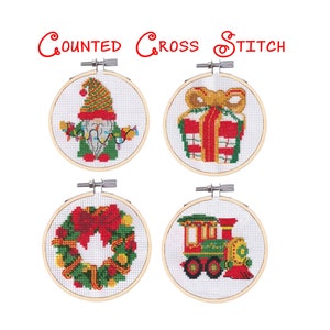 4 Christmas Cross Stitch Patterns Downloadable PDF Train Wreath Gift