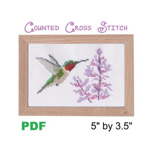 May include: Counted cross stitch pattern featuring a hummingbird with green, red, and white feathers, hovering near a purple flower with pink accents. The pattern is 5 inches by 3.5 inches and is available as a PDF download.