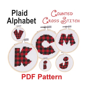 May include: A counted cross stitch PDF pattern for a plaid alphabet. The image shows the letters C, I, J, K, M, and V in red and black plaid.