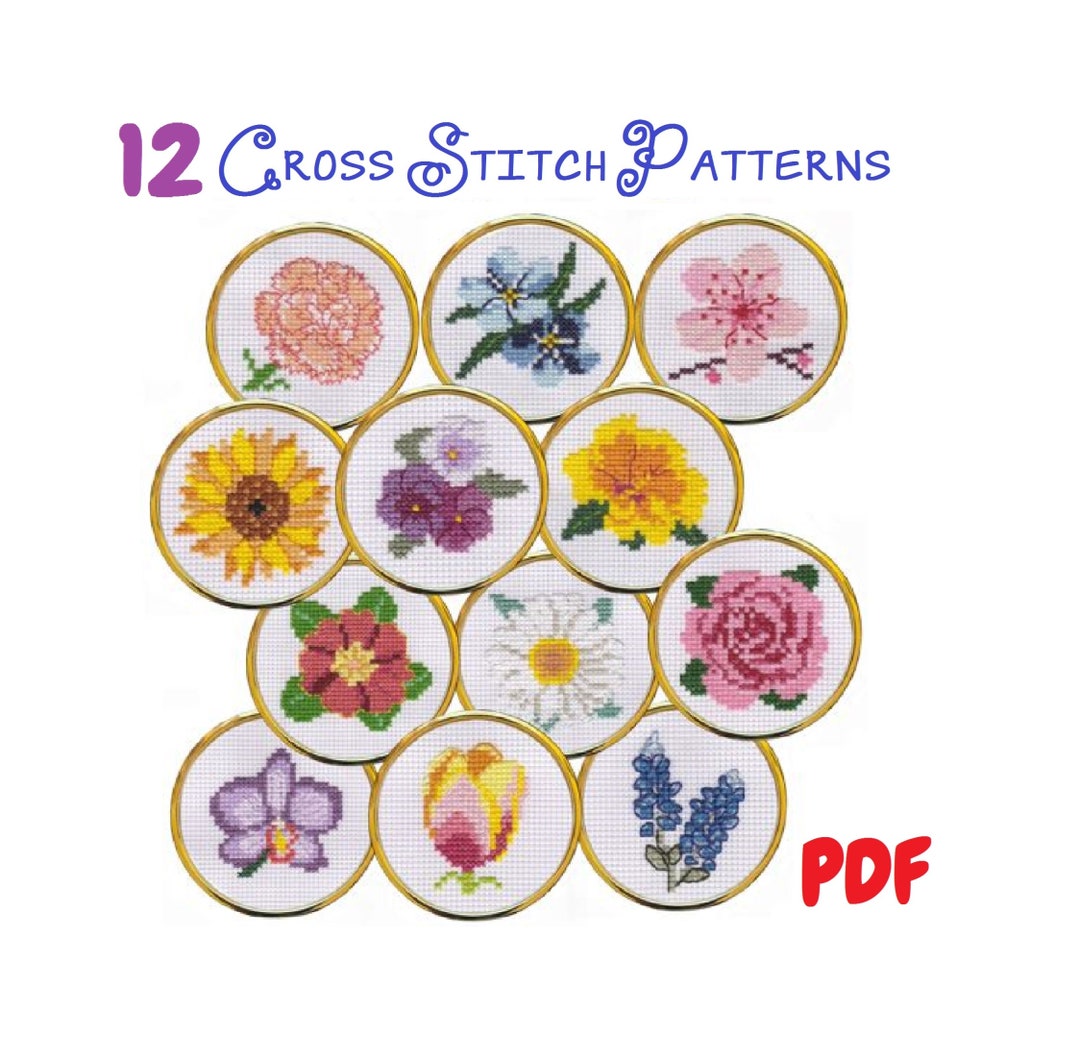 Cross Stitch Spring Flowers Downloadable PDF Quilting Blocks Jar Lids