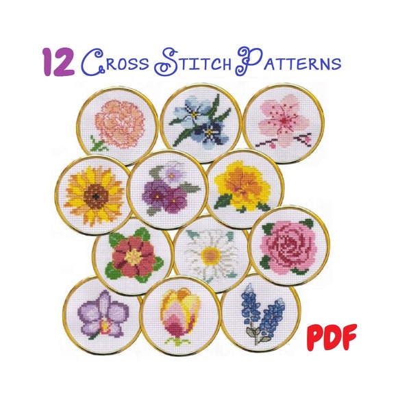 Cross Stitch Spring Flowers: Downloadable PDF - Quilting Blocks | Jar Lids | Wall Décor | Mini Cross Stitch