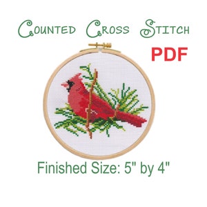 Patrón PDF descargable Cardenal de punto de cruz / Pájaros de invierno / Arte de pared / Bloque de acolchado
