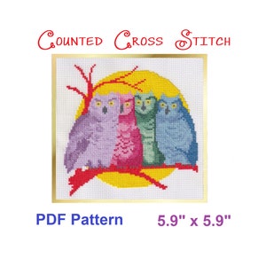 May include: Counted cross stitch pattern featuring four owls perched on a branch in front of a yellow moon. The owls are purple, pink, green, and blue. The pattern is 5.9 inches by 5.9 inches.