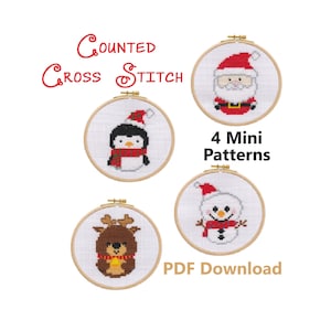 Puede incluir: Cuatro patrones de punto de cruz contados para adornos navideños. Los patrones incluyen a Papá Noel, un pingüino, un muñeco de nieve y un reno. Los patrones están disponibles para descargar en PDF.