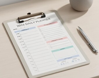 2026年版デイリープランナー（印刷可能）｜ミニマリスト向けデイリースケジュール、ToDoリスト、優先タスク、健康管理トラッカー｜PDFをすぐにダウンロード