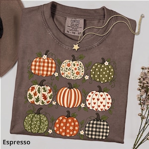 May include: An espresso-coloured t-shirt featuring a graphic print of nine pumpkins in various patterns, including gingham, floral, polka dot, and heart designs. The shirt has a crew neckline and a Comfort Colors brand label at the inner collar.