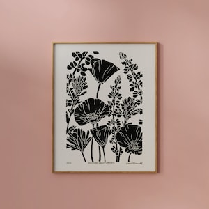 California Poppy Print | Linocut Print Fine Art Reproduction | Western Wildflowers Floral Block Print