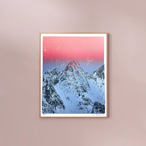 Mountain Peak Alpenglow Landscape | Snoqualmie in Pink | Original Art Linocut Reduction Block Print