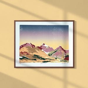 Colorful Mountain Landscape | Parker Ridge, Banff National Park | Original Art Linocut Reduction Block Print