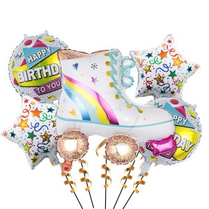 May include: A set of six colourful foil balloons featuring a white roller skate with rainbow laces, a star with confetti, and three balloons with the text "Happy Birthday to You" and "Happy Birthday".